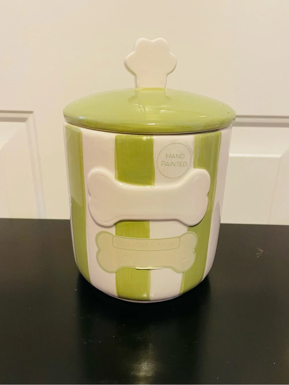 Hand-Painted Green and White Striped Ceramic Treat Jar